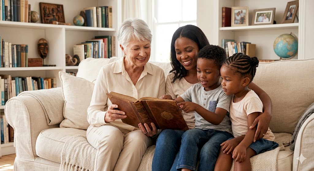 A woman reading a book with two young children in a sunlit library