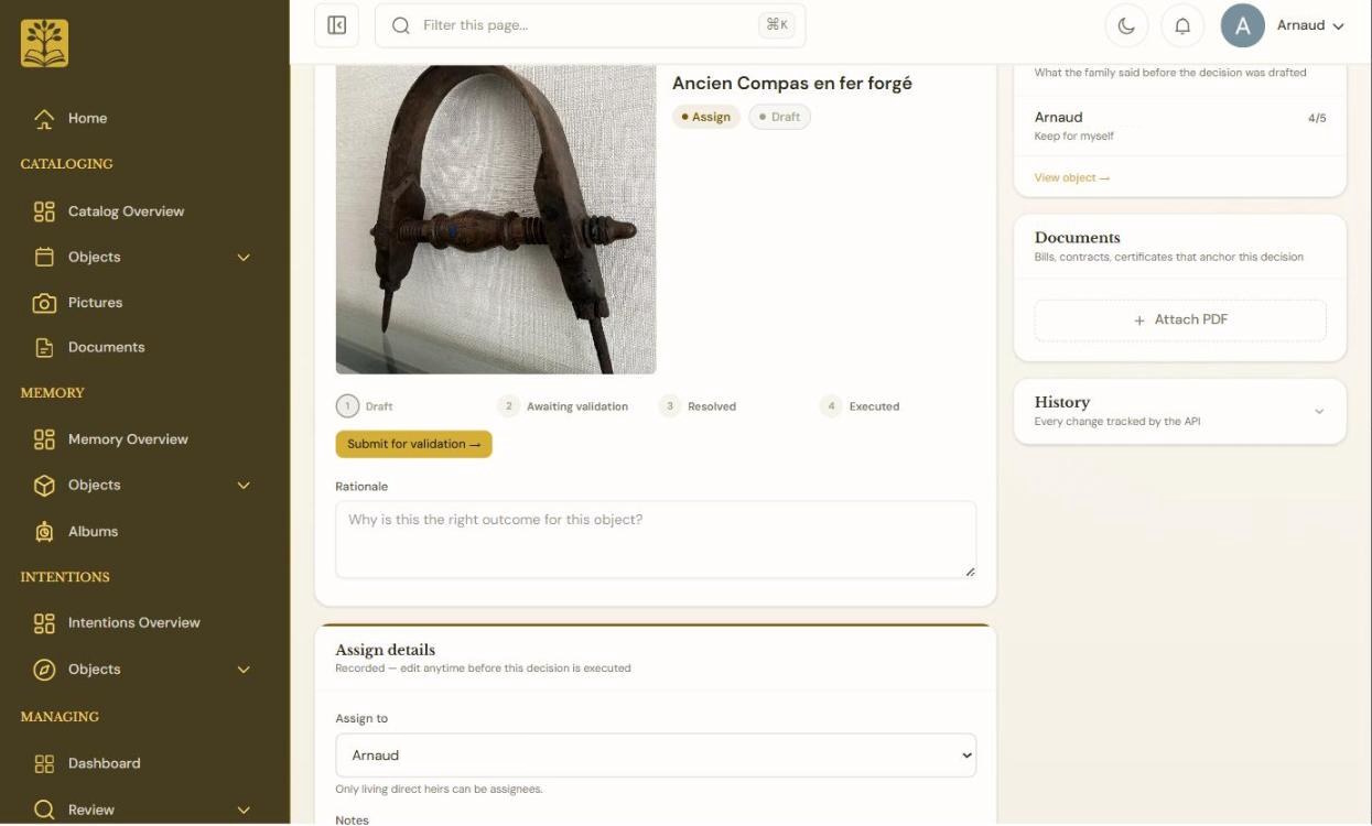 A decision page: a photographed compass marked Assign and Draft, a four-step tracker reading Draft, Awaiting validation, Resolved, Executed, and a panel showing the heir intention it was drafted from.