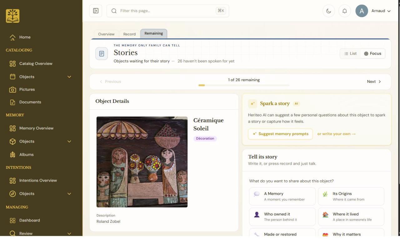 The stories page: a painted ceramic on the left, and on the right a panel of AI memory prompts above eight kinds of story to choose from.